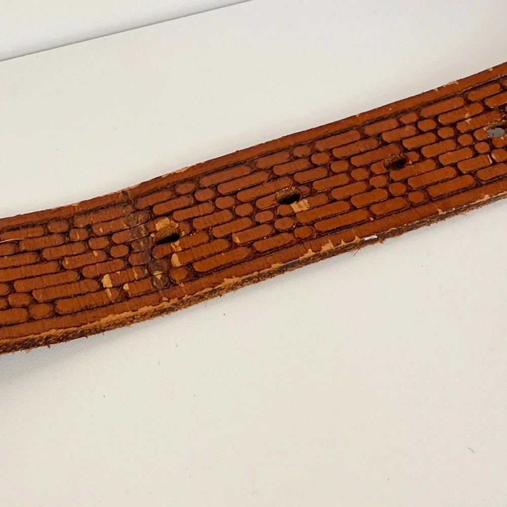 Pioneer Cowhide‎ Hand Stained Leather Belt Brown Embossed Brick Pattern retro 38